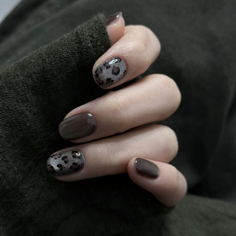 Wild Safari Short Squoval Dark Gray and Sparkling Leopard Print Press On Nail Set