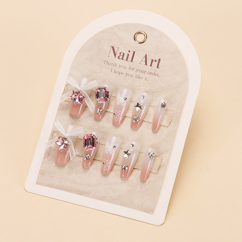 Blossom Elegance Long Coffin Pink Ombre Press On Nail Set with Floral and Gemstone Accents