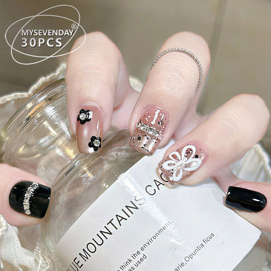 Chic Elegance Medium Square Black and Beige with Floral and Sparkle Accents Press On Nail Set