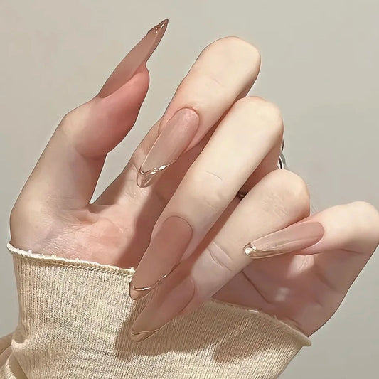 Glamorous Elegance Long Almond Beige Press On Nails with Stunning Metallic Tips