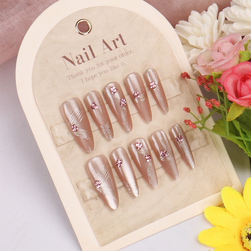 Elegant Blossom Glamourous Long Almond Shaped Beige Press On Nail Set with Delicate Floral Accents