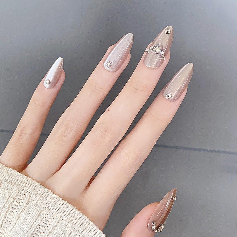 Glamorous Elegance Long Almond Beige Press On Nail Set with Shimmering Gem Accents