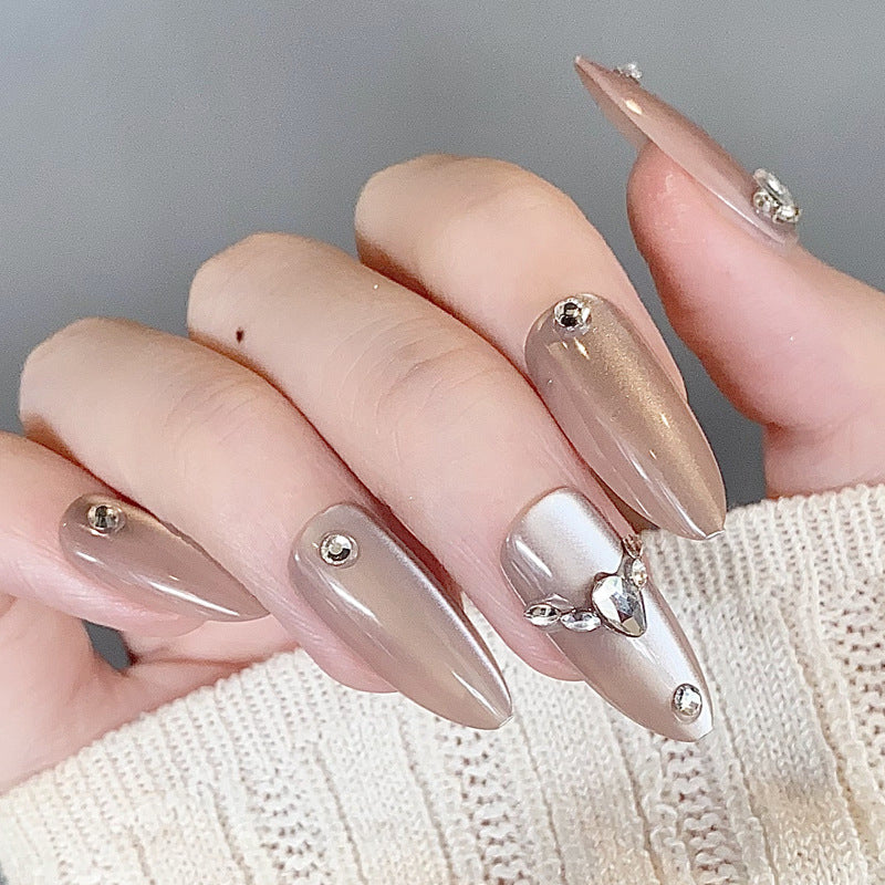 Glamorous Elegance Long Almond Beige Press On Nail Set with Sparkling Rhinestone Accents