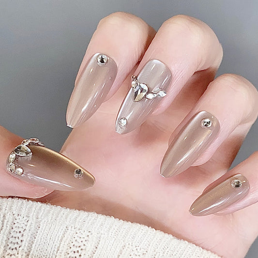 Elegant Glamour Extra Long Almond Shaped Beige Press On Nail Set with Shimmering Rhinestone Accents