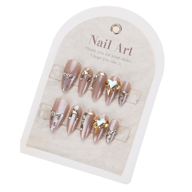 Enchanted Elegance Medium Almond Beige Press On Nail Set with Stunning Gem Accents