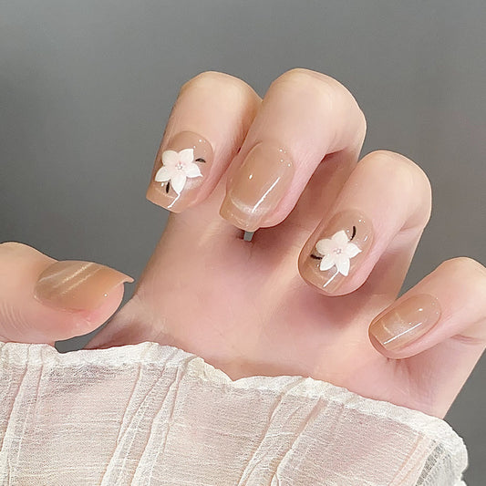 Floral Elegance Chic Medium Square Beige Press on Nail Set with Delicate White Blossom Accents