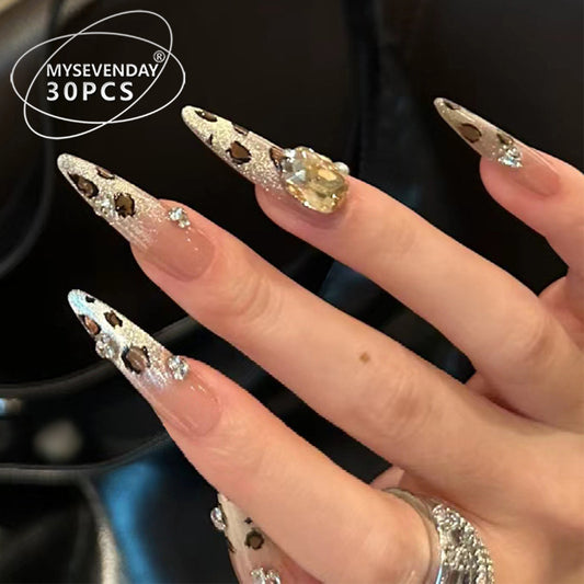 Glamorous Wild Nature Long Stiletto Beige with Sparkling Diamond Accents Press On Nail Set