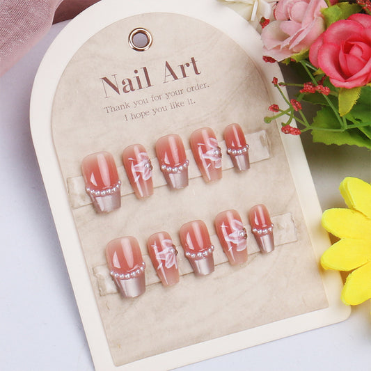 Elegant Floral Fantasy Medium Coffin Pink with Pearl Accents Press-On Nail Set