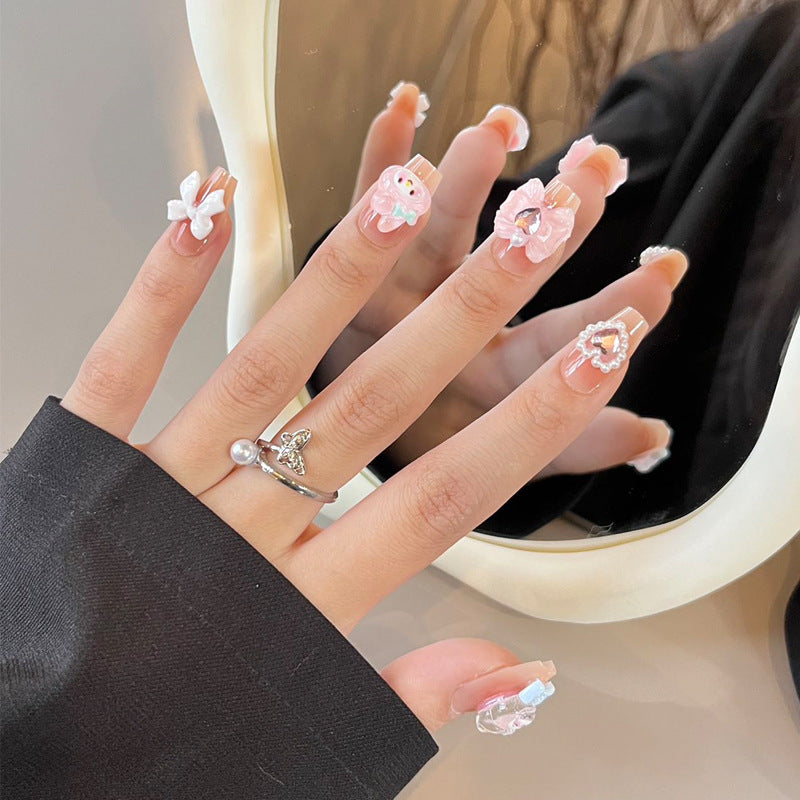 Kawaii Dreamy Press On Nail Set Medium Coffin Pastel Pink Accented with Charming Floral and Gem Designs