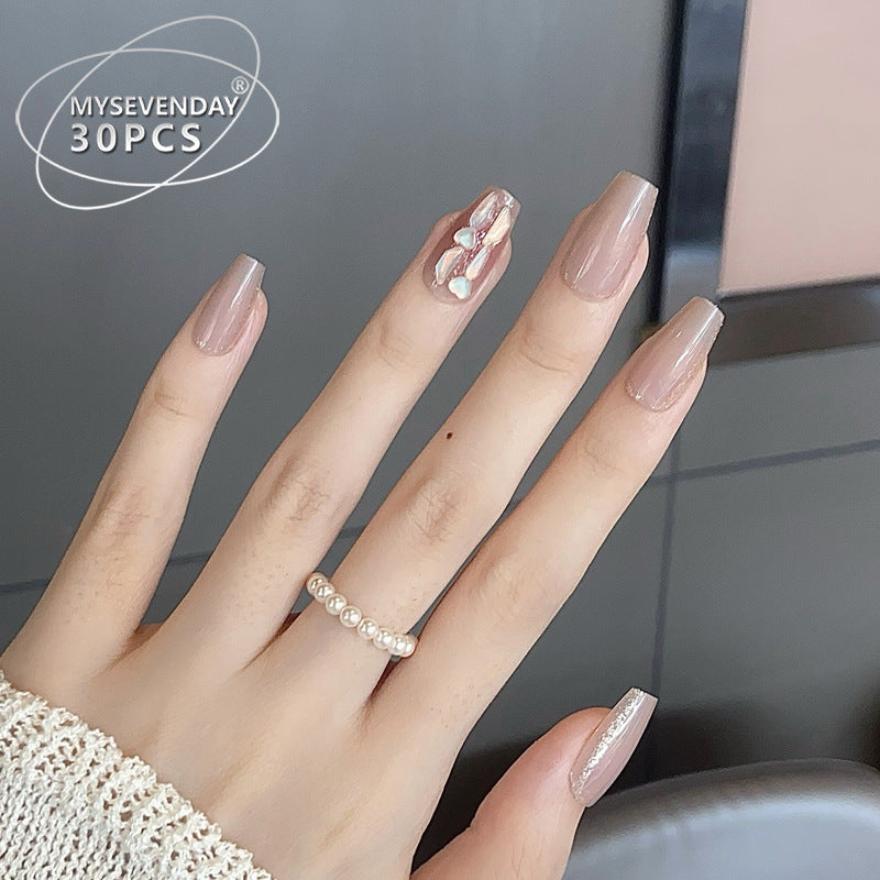 Elegant Charm Medium Square Beige Press On Nail Set with Dazzling Jewels