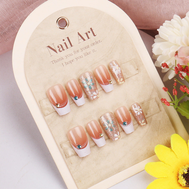 Garden Bliss Elegant Medium Coffin Beige Press On Nail Set with Floral Accents and Sparkling Gems