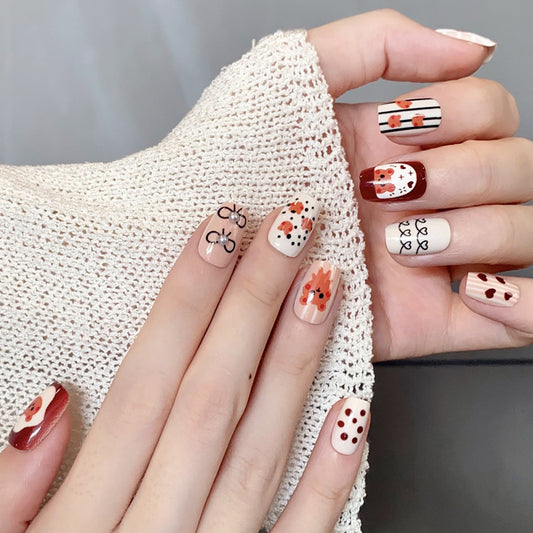 Bohemian Floral Charm Short Square Patterned Peach and Burgundy Nail Set