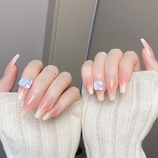 Glamorous Elegance Long Coffin Beige Ombre Nails with Sparkling Floral Accent