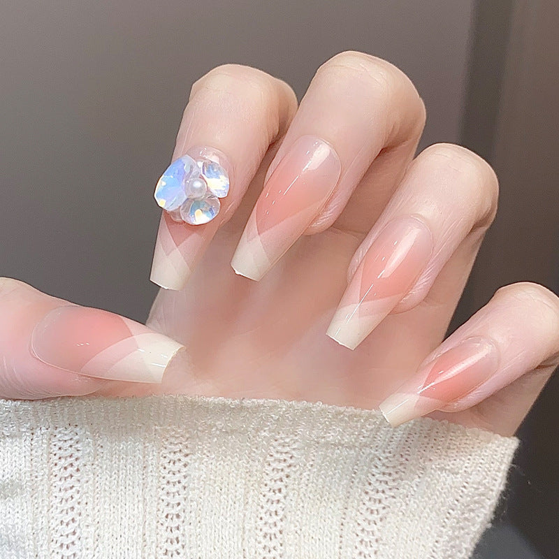 Enchanting Blossom Beige Long Coffin Press-On Nails with Elegant Color Gradation and Iridescent Floral Gemstone Accent