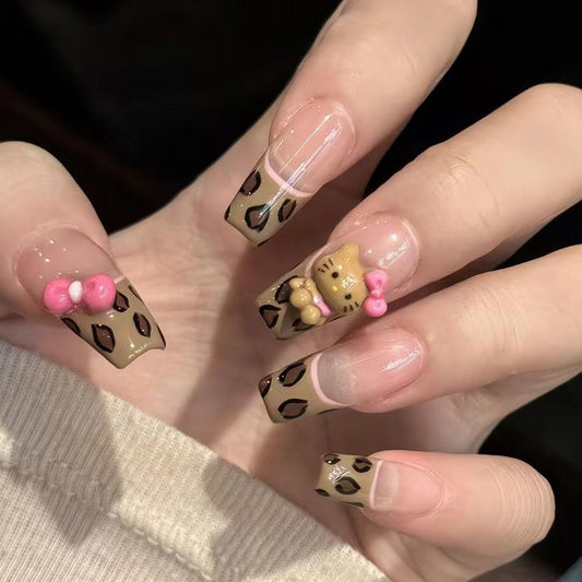 Charming Feline Inspired Long Coffin Brown Leopard Press On Nail Set with Cute Kitty Bow Decor