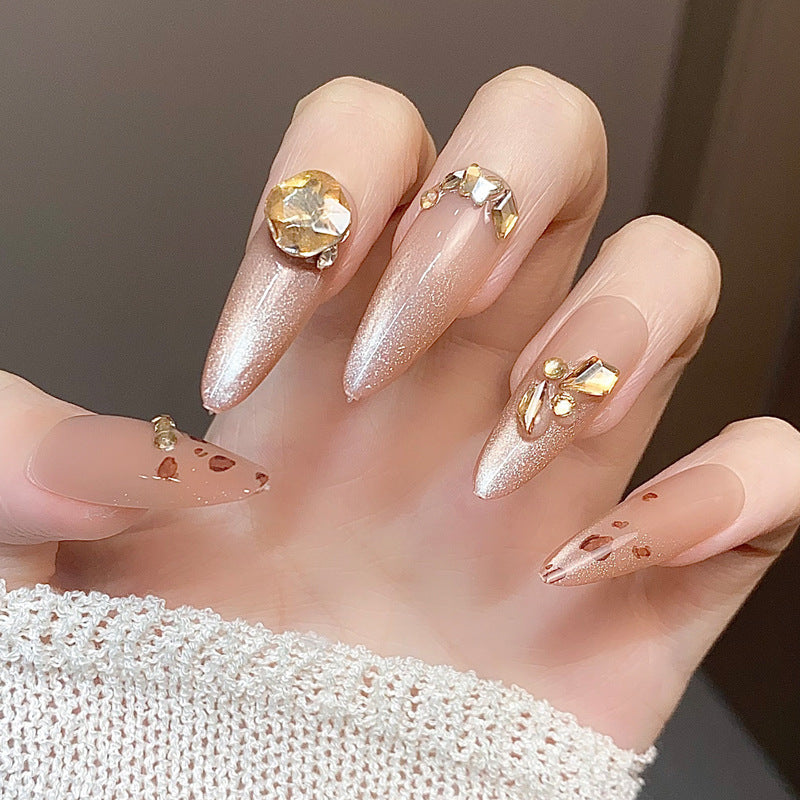 Glamorous Sparkle Long Almond Beige with Gemstone Accents Press On Nail Set