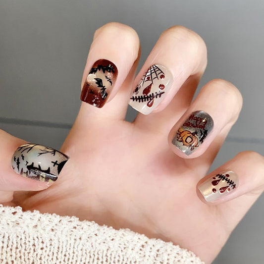 Spooky Vibes Medium Square Orange and Brown Gradient with Halloween Themed Designs Press On Nail Set