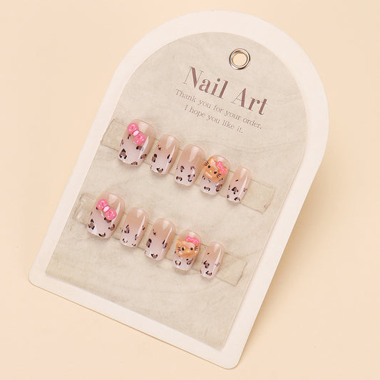 Cuteness Overload Short Square Beige Press On Nail Set with Adorable Cat and Bow Design