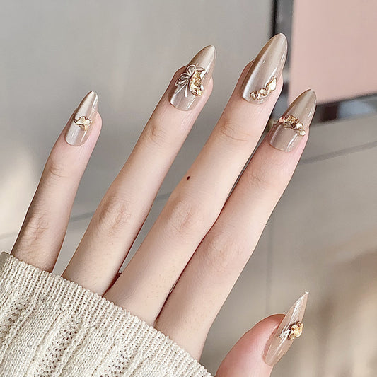 Golden Garden Elegance Medium Almond Shaped Beige Press On Nails with Charming Floral Accents