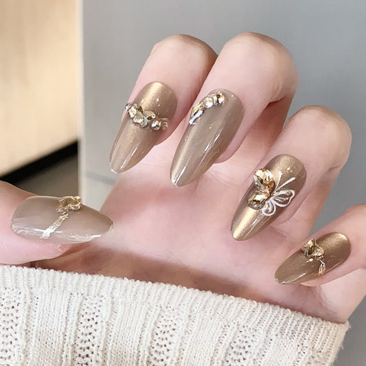 Chic Floral Elegance Medium Almond Rose Gold Press On Nail Set with Elegant Floral Accents