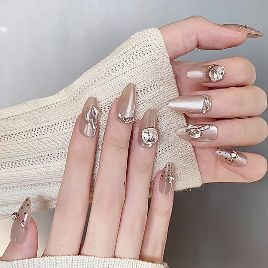 Elegant Charm Medium Almond Shaped Light Beige Press On Nail Set with Crystal Embellishments