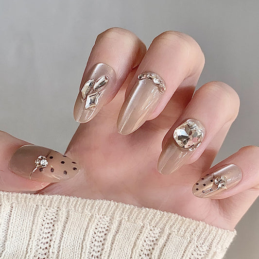 Elegant Charm Medium Almond Beige Nail Set with Stunning Jewel Accents