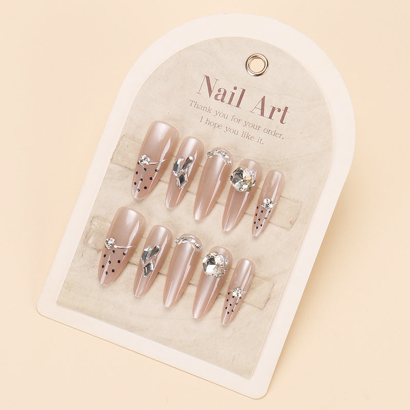 Chic Elegance Long Almond Beige Press On Nails with Sparkling Rhinestone Accents