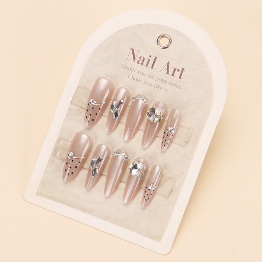 Chic Elegance Long Almond Beige Press On Nails with Sparkling Rhinestone Accents