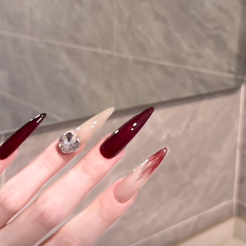 Glamorous Elegance Extra Long Stiletto Almond Burgundy and Beige Nail Set with Sparkling Gemstone Accent