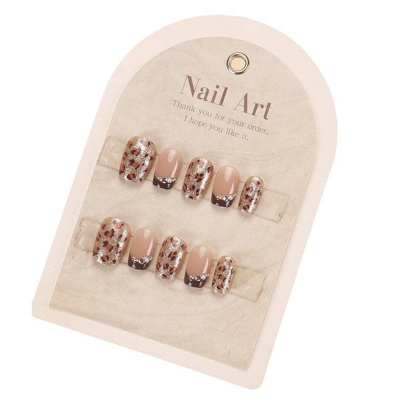 Glamorous Luxe Short Glossy Square Shaped Beige and Glittering Press On Nail Set with Rhinestone Accents