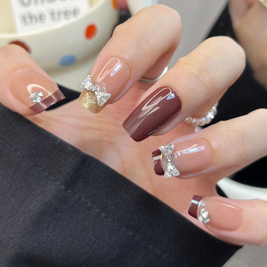 Chic Elegance Medium Square Burgundy and Beige Press On Nail Set with Dazzling Rhinestone Bows