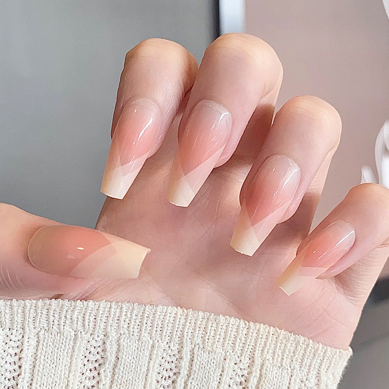 Chic Elegance Long Coffin Ombre Beige Press-On Nail Set with Gradient Design