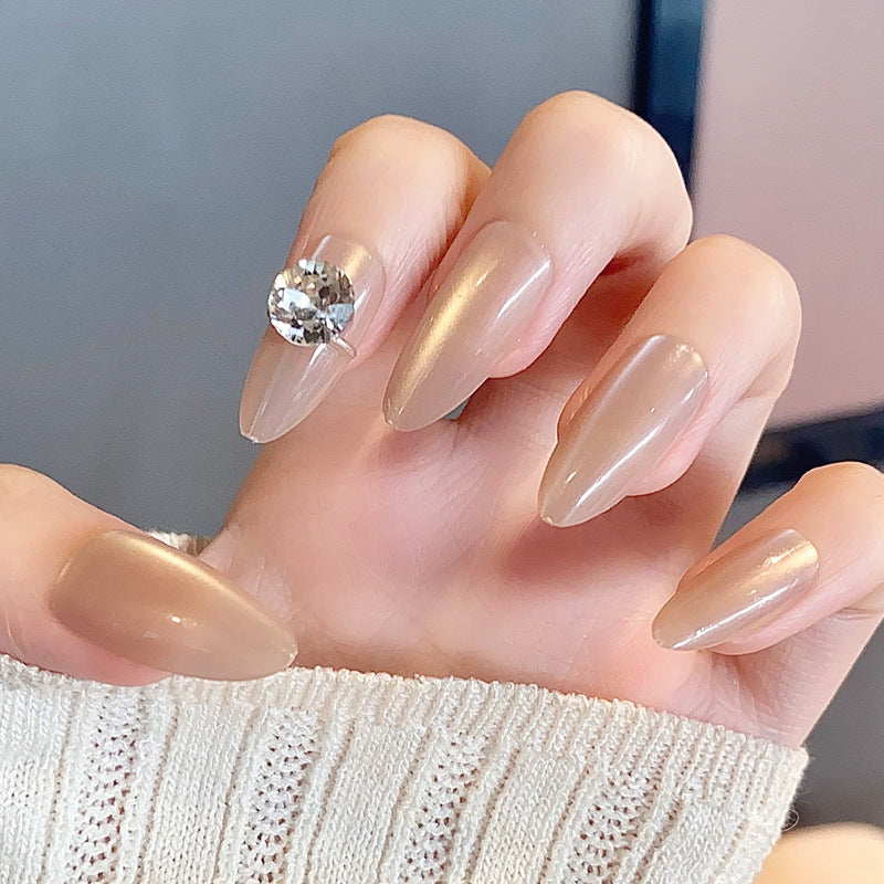 Glamorous Elegance Long Almond Shaped Beige Press on Nail Set with Sparkling Gem Detail