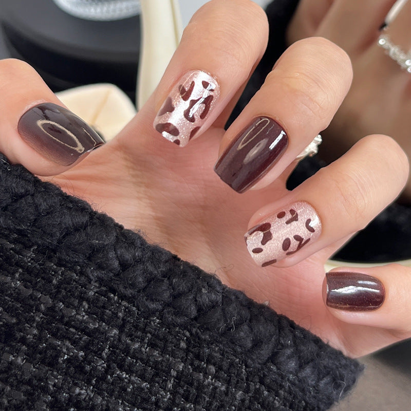 Elegant Wildflower Inspired Short Square Press-On Nail Set in Deep Espresso and Sparkling Blush with Chic Leopard Design