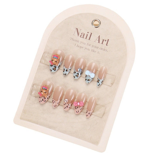 Playful Safari Press On Nail Set Medium Almond Shape Beige with Cute Animal Charms and Colorful Accents