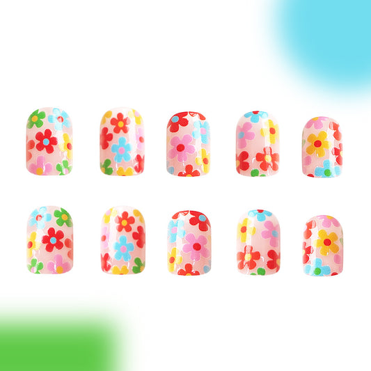 Spring Blossom Extravaganza Short Oval Multicolor Floral Press On Nail Set