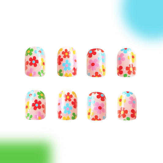 Spring Blossom Short Oval Multicolor Floral Press-On Nail Set with Glossy Finish