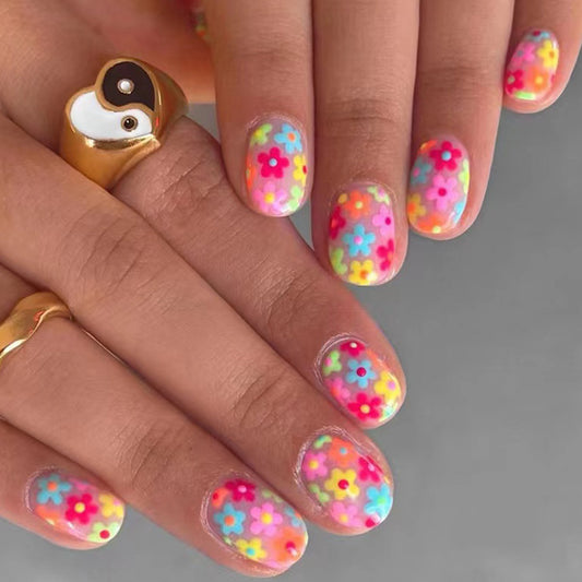 Spring Blossom Short Length Oval Press On Nail Set in Pastel Rainbow with Floral Accents