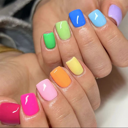 Summer Fun Short Square Rainbow Assortment Solid Color Press On Nail Set