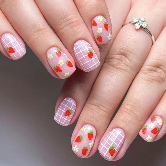 Sweet Picnic Short Square Pink Gingham and Strawberry Design Press On Nail Set