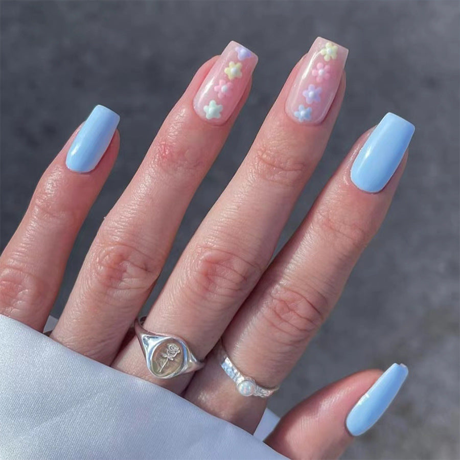 Enchanted Garden Long Coffin Pastel Blue Press On Nails with Floral Embellishments