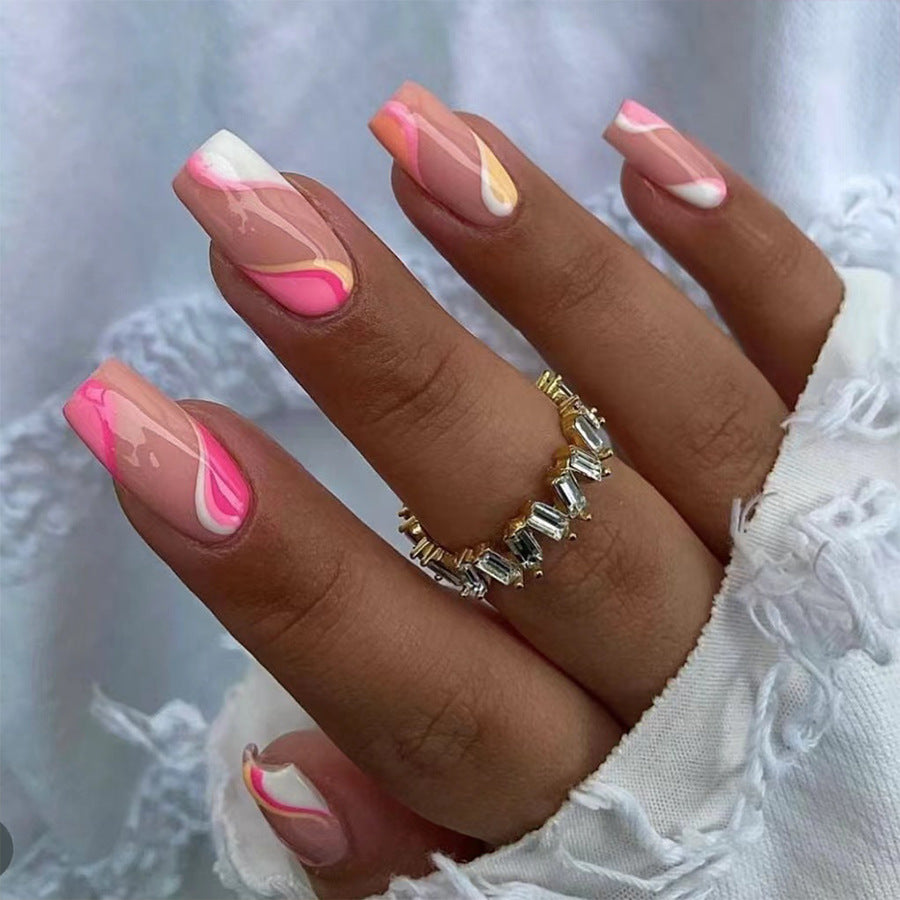 Summer Bliss Long Square Pink Marble Swirl Press On Nail Set