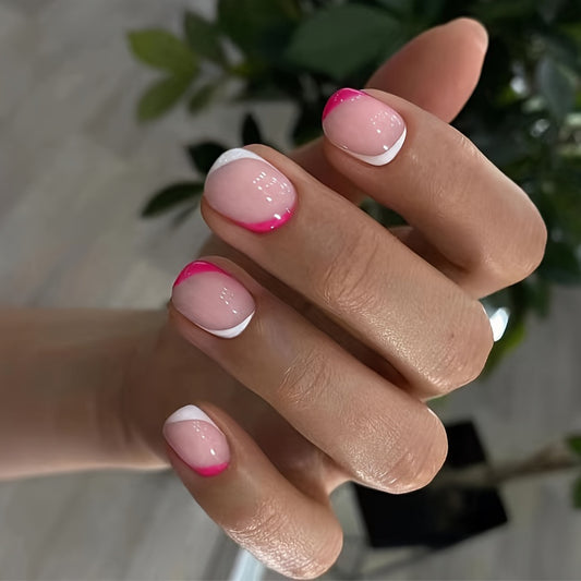 Summer Splash Short-Length Oval Pink and White Ombre Press On Nail Set with Shimmer Finish