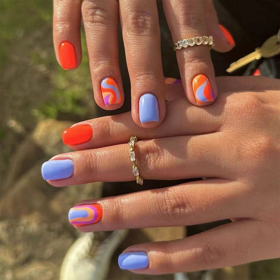 Summer Splash Short Square Periwinkle and Tangerine with Swirl Accents Press On Nail Set