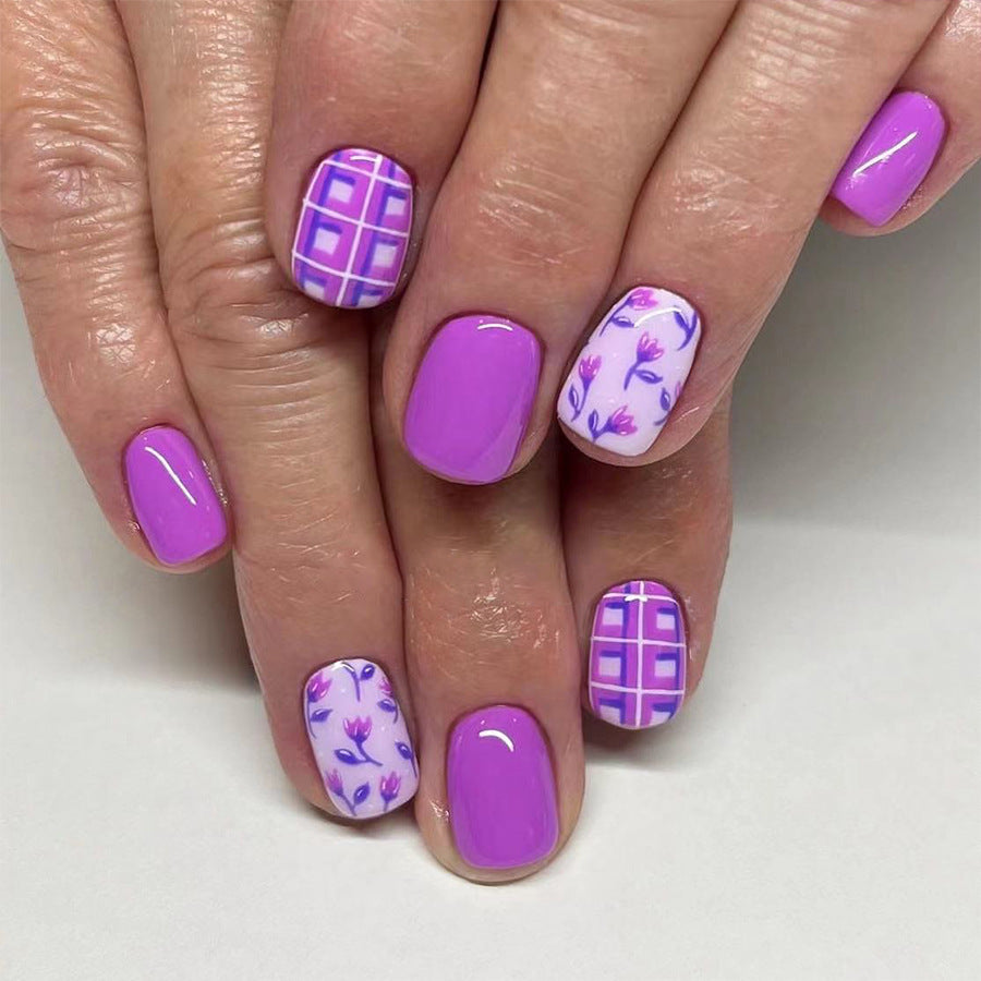 Spring Blossom Collection Short Length Oval Shaped Lavender Press On Nails with Floral and Plaid Accents