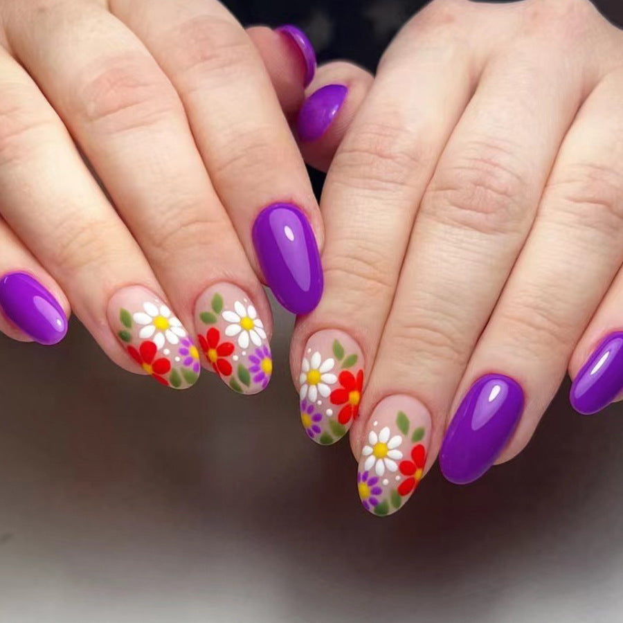 Spring Blossom Medium Oval Purple Floral Press On Nail Set