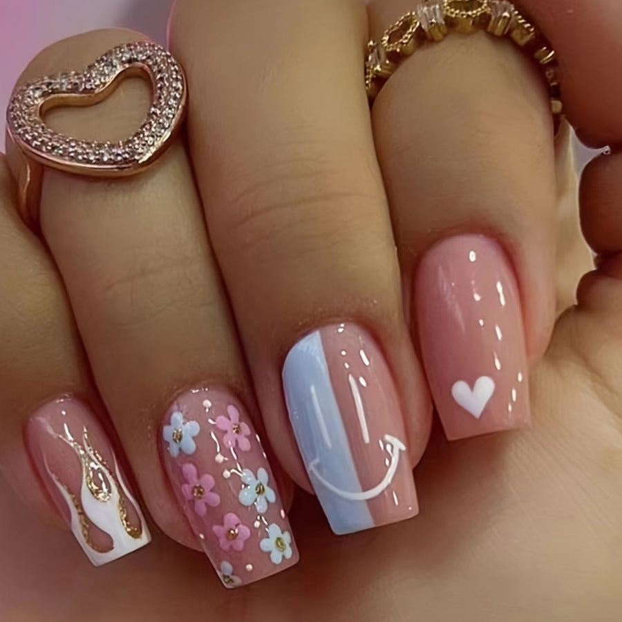 Sweet Romance Medium Coffin Baby Pink and Sky Blue Mixed Design Press On Nails with Floral Accents