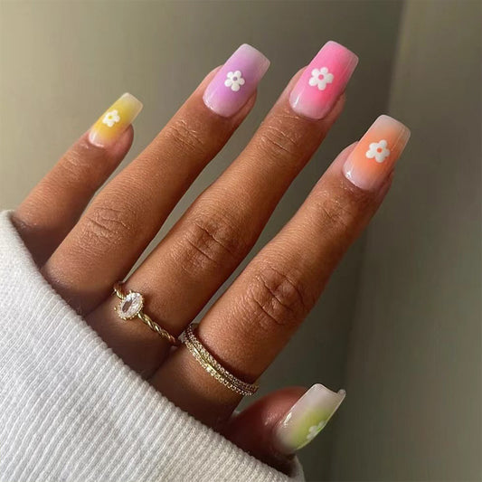 Spring Blossom Collection Long Square Pastel Ombre Press On Nail Set with Floral Accents