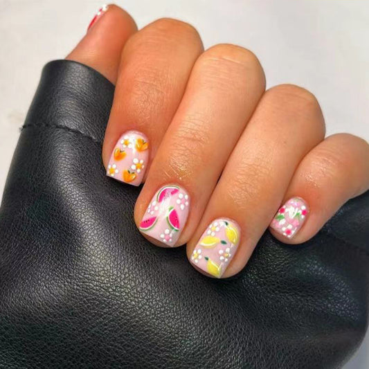 Tropical Escape Short Length Square Multicolor Floral Press On Nail Set with 3D Embellishments