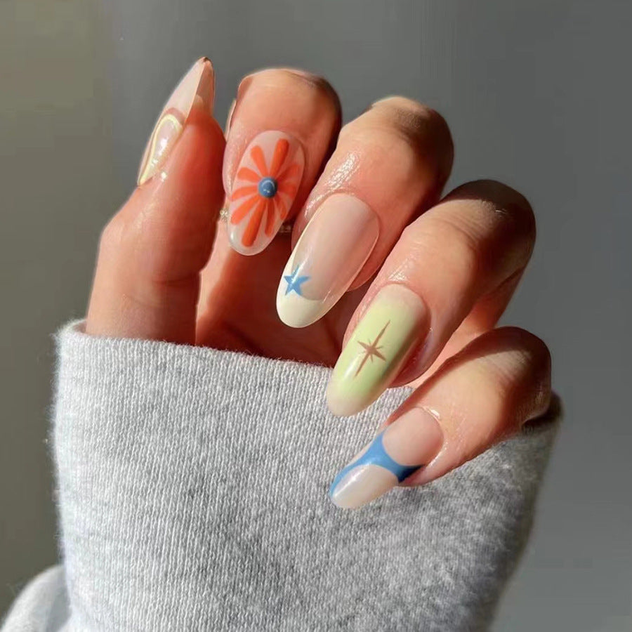 Springtime Blossom Long Oval-Shaped Pastel Press On Nail Set with Floral Accents